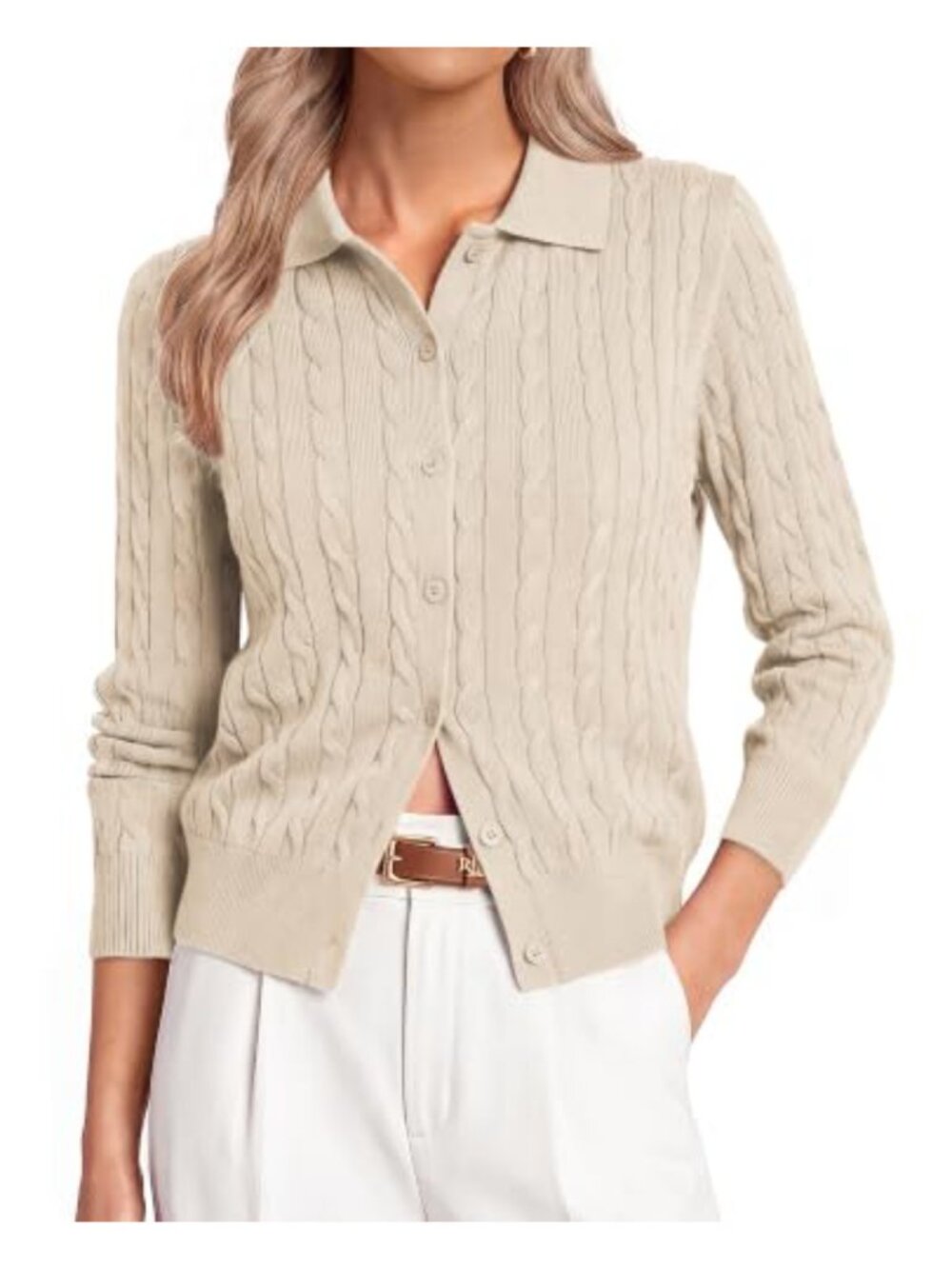Lapel Collar Button Down Cable Knit Cardigan Lightweight Sweater